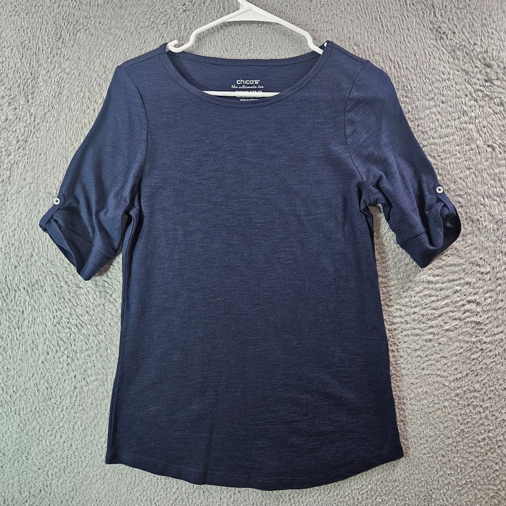Chico's Ultimate Tee Top Women XS 00‎ Cotton Blend 3/4 Sleeve Navy Blue